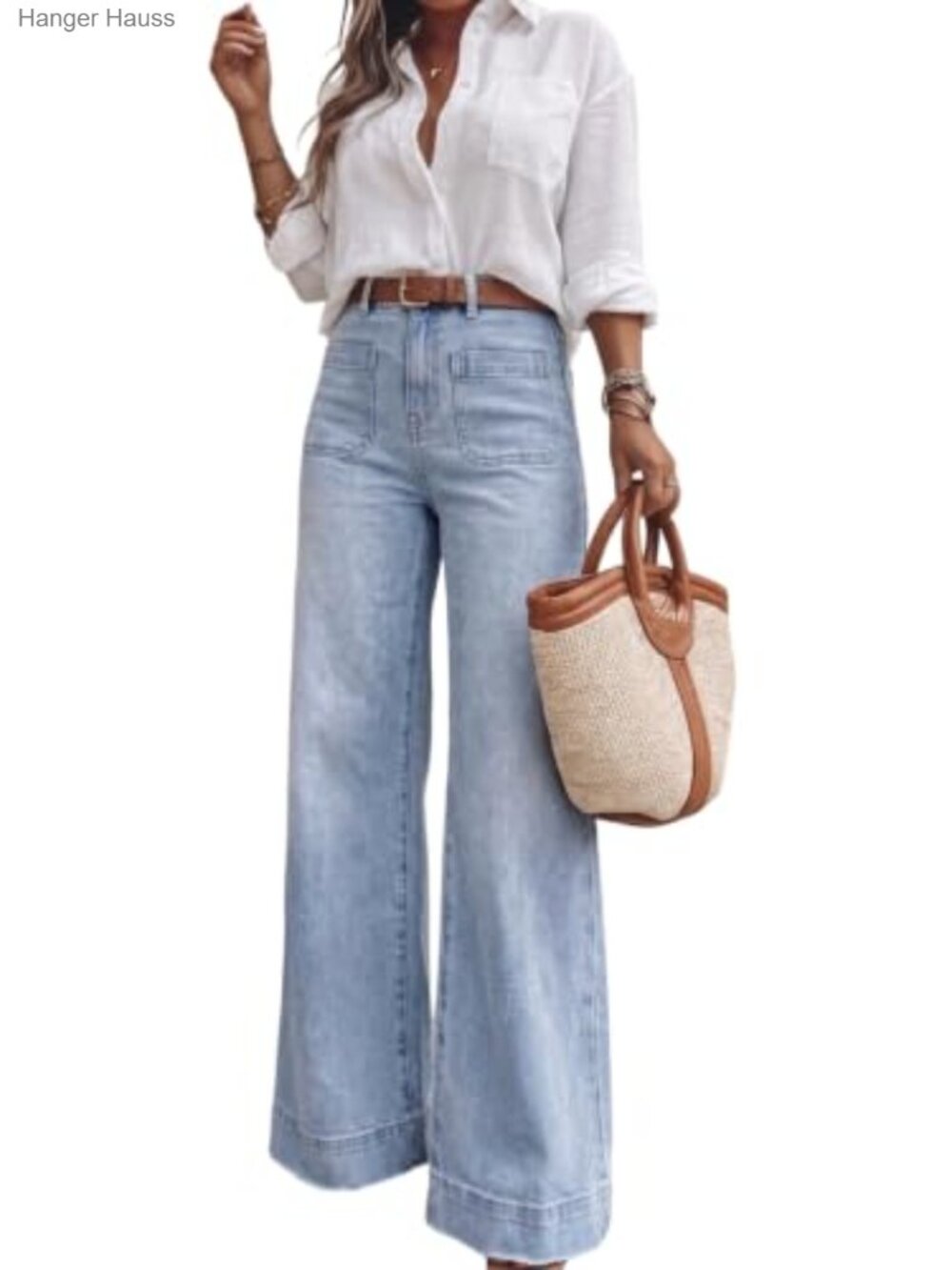 High Waisted Wide Leg Jeans Retro Patch Pockets Stretch Denim Pants